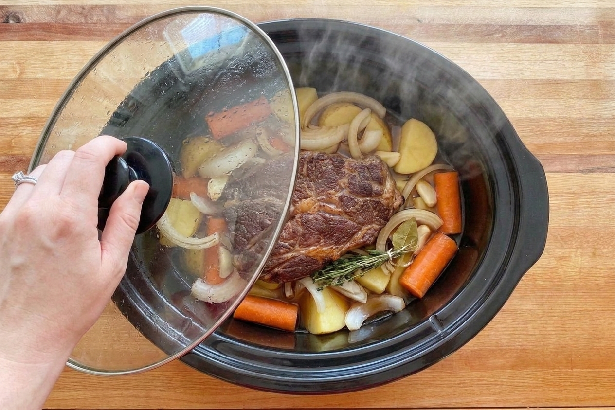 A slow cooker with chuck roast partially submerged in broth with carrots and potatoes, lid lifted to show steam