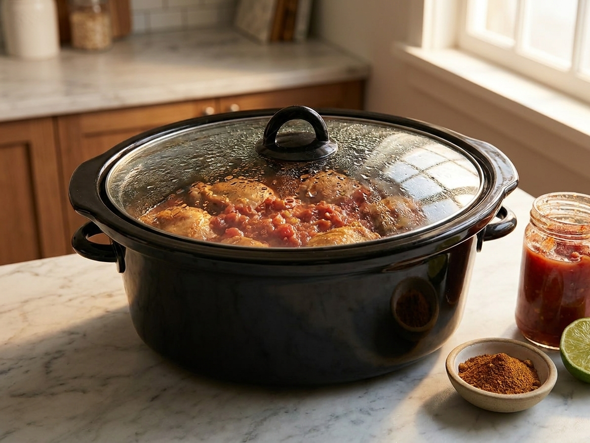 A slow cooker with condensation on the lid cooking chicken in salsa on a kitchen counter with warm, even lighting