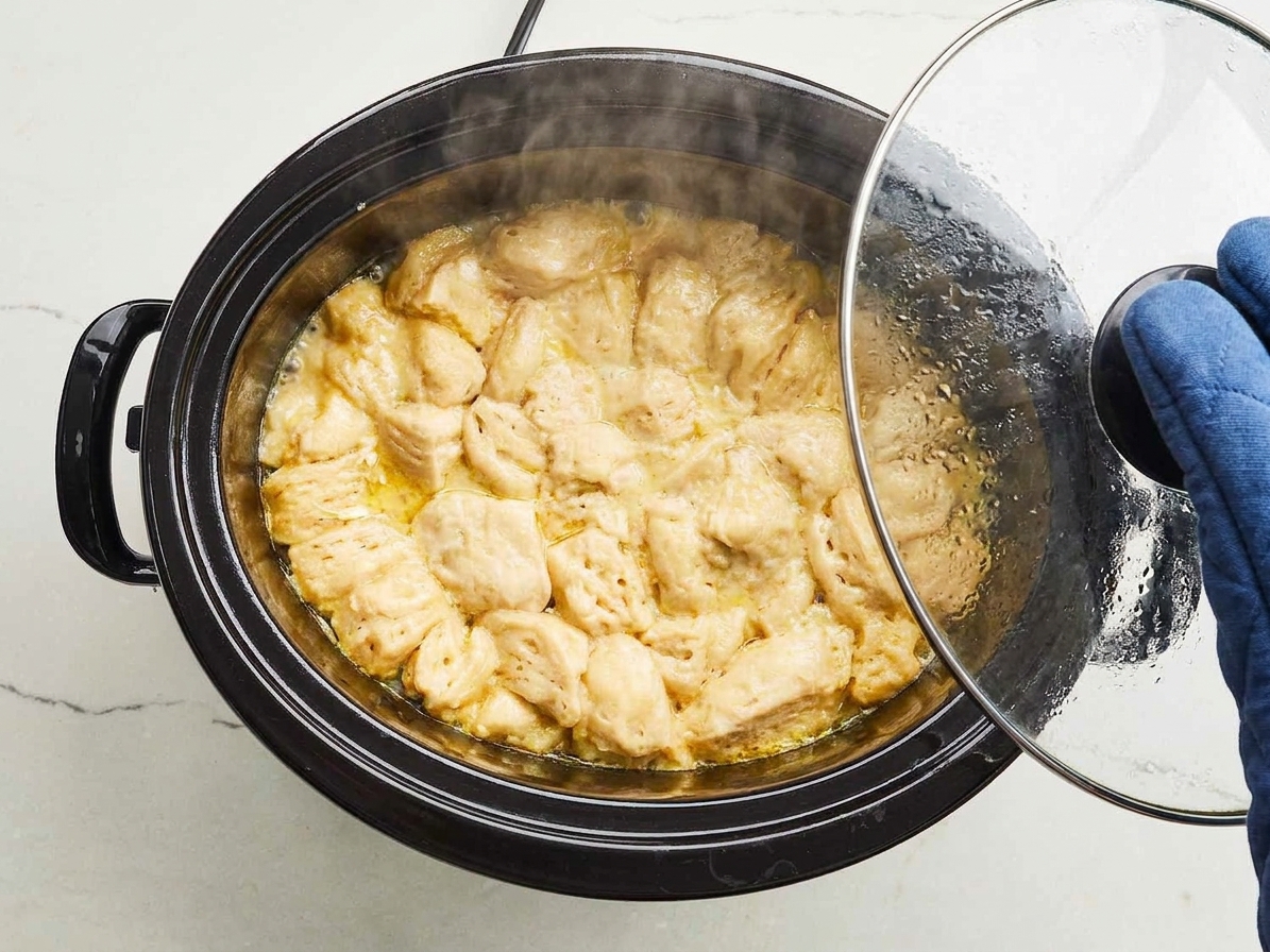 A slow cooker with the lid lifted showing fluffy dumplings steaming on top of creamy chicken stew