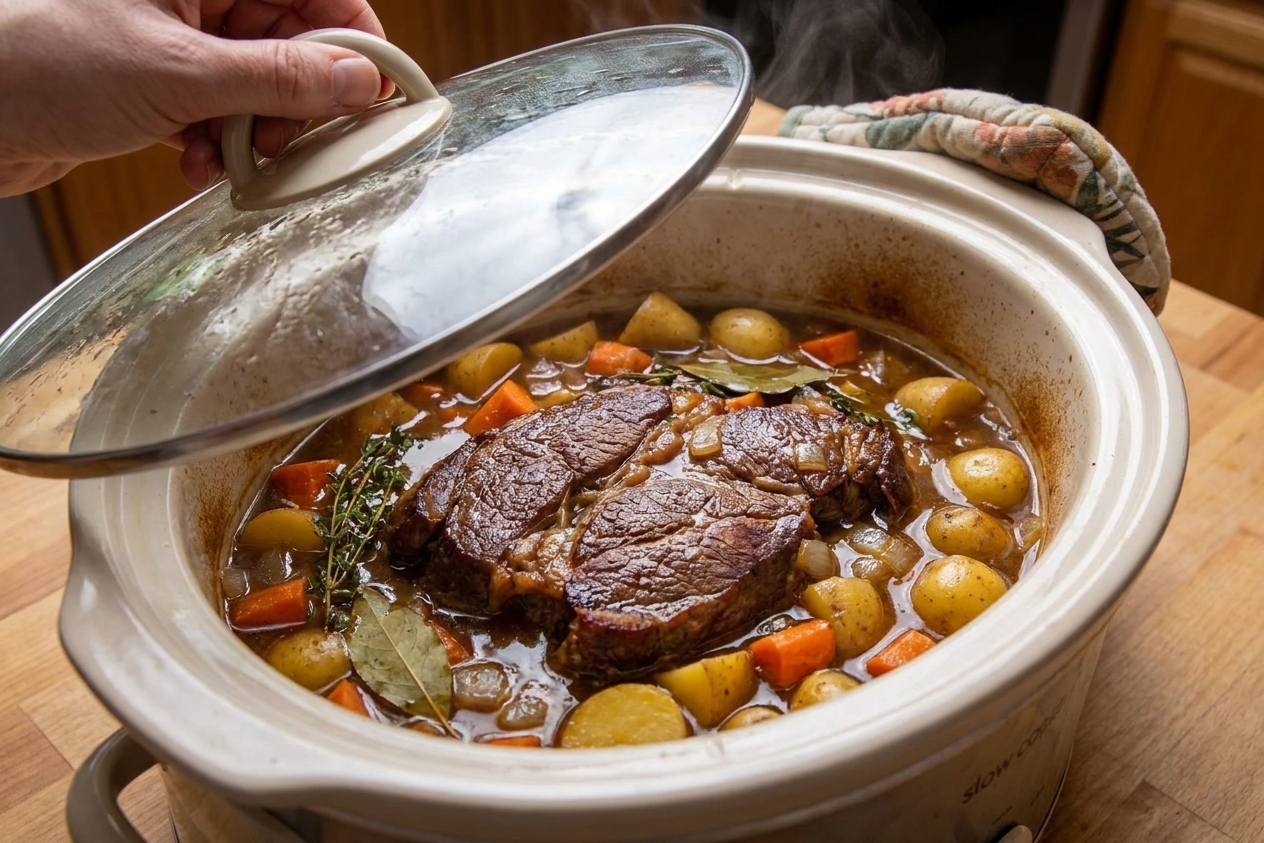 A slow cooker with the lid lifted showing pot roast cooking with carrots, potatoes, and onions in a rich brown broth