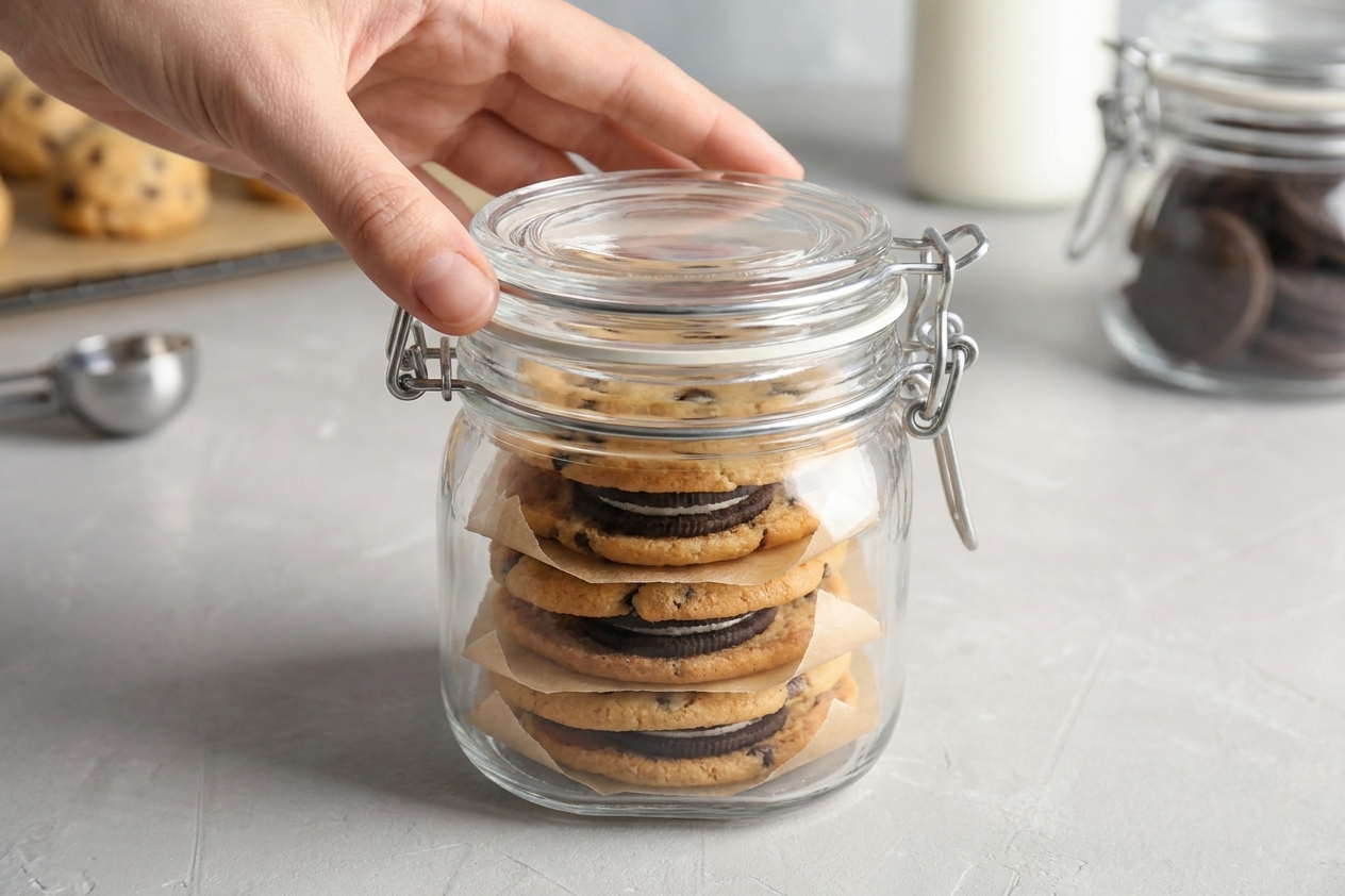 A small airtight container filled with Oreo stuffed cookies stacked with parchment paper between layers on a kitchen counter