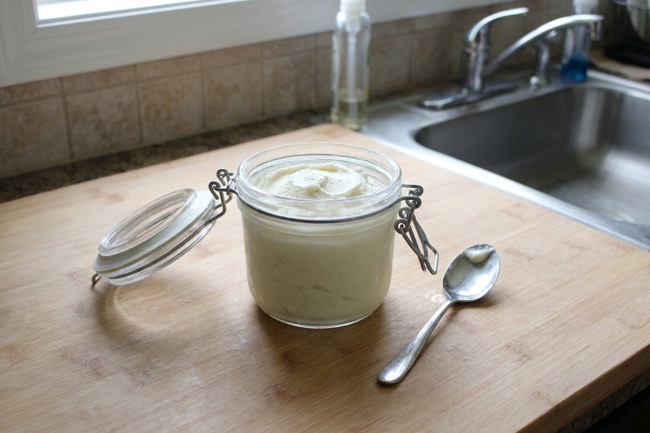 A small airtight container filled with homemade vanilla ice cream with a spoon resting nearby on a kitchen counter