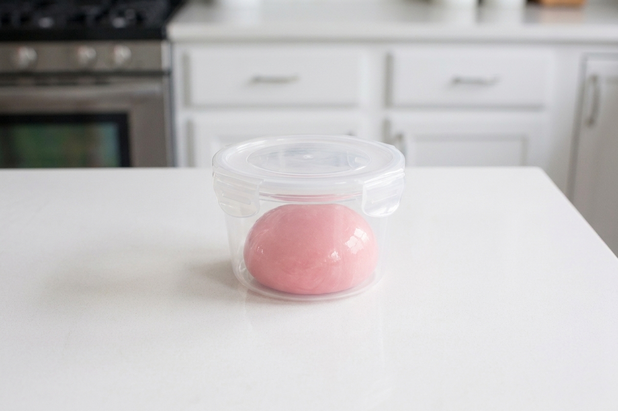 A small airtight container holding a ball of slime on a tidy kitchen counter