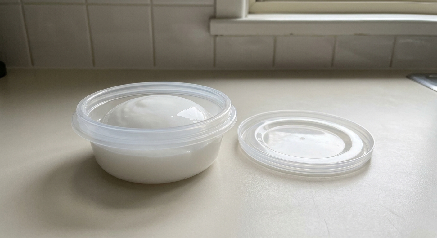 A small airtight plastic container holding a ball of white slime on a tidy kitchen counter with the lid placed beside it