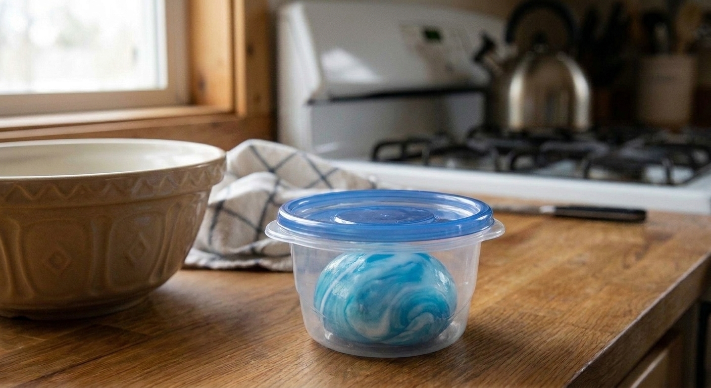 A small airtight plastic container holding a smooth ball of slime on a clean kitchen counter