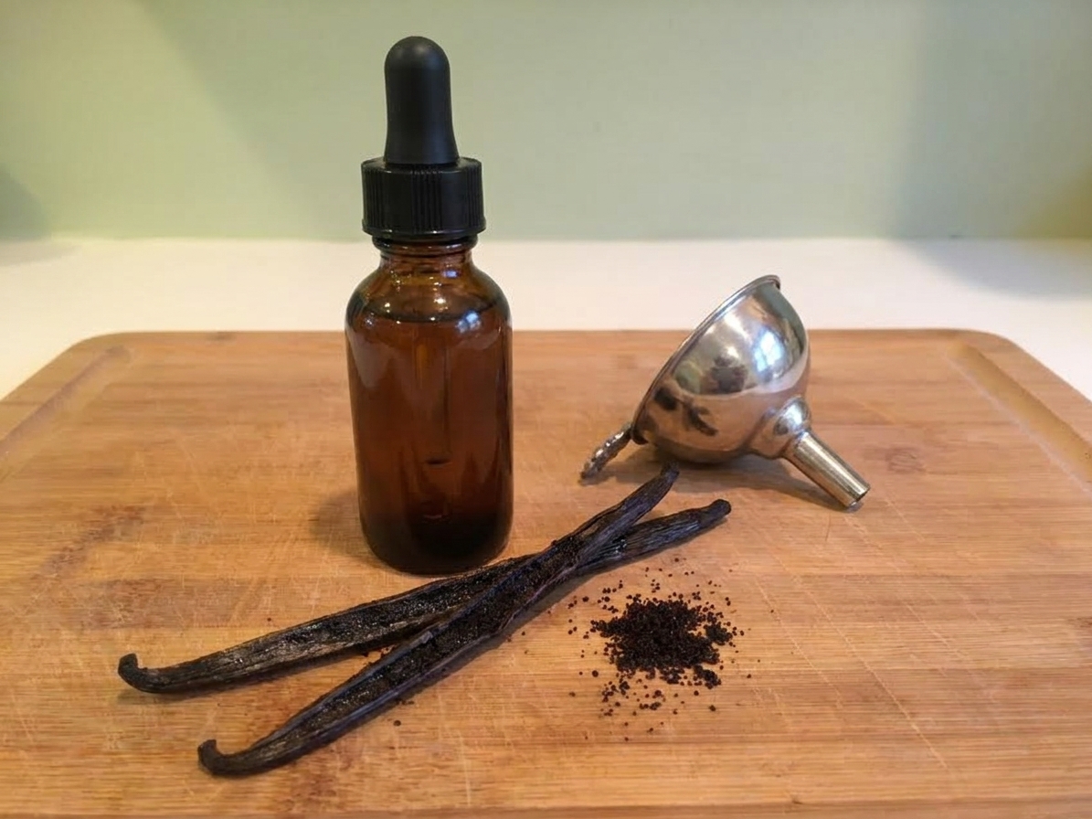 A small amber glass dropper bottle filled with homemade vanilla extract on a warm kitchen counter, with split vanilla beans and a small funnel nearby