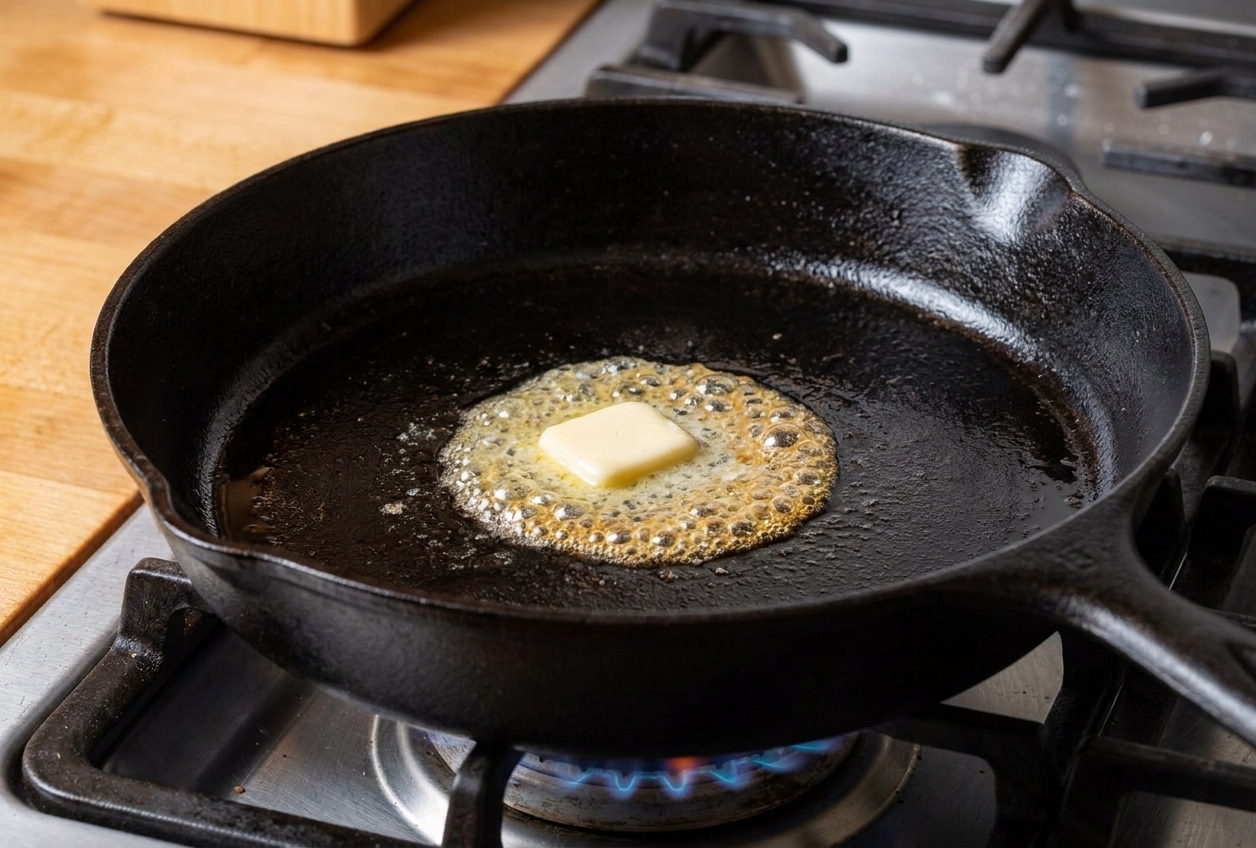A small amount of butter melting and foaming in a cast iron skillet over low heat on a home stove