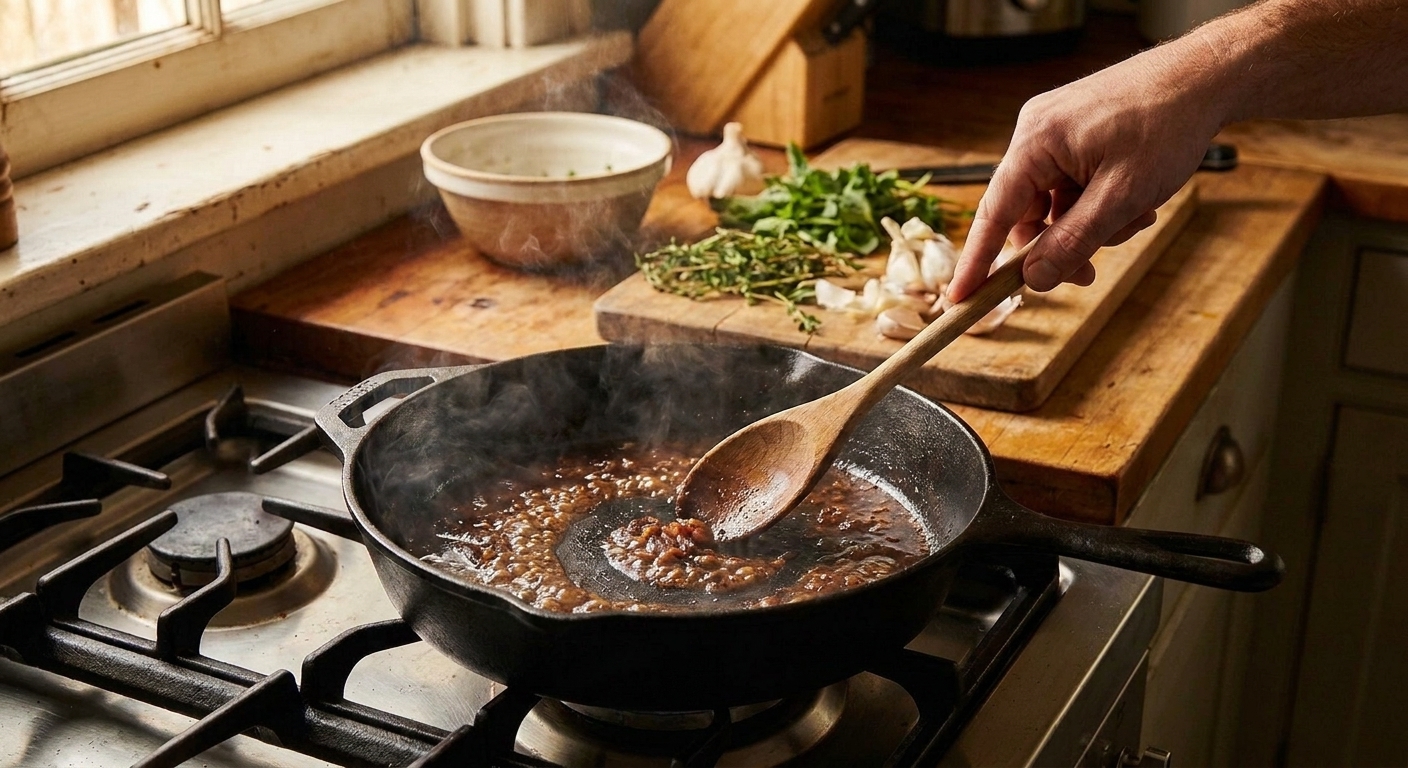 A small amount of pan sauce simmering in the same skillet used for lamb, with a wooden spoon scraping browned bits from the bottom
