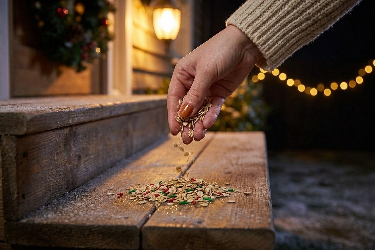 A small amount of reindeer food being sprinkled on a front porch step at night under a warm porch light
