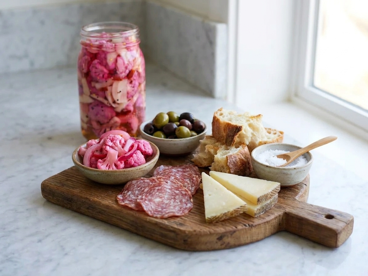 A small antipasto board with pickled cauliflower, olives, sliced salami, cheese, and crusty bread on a wooden table