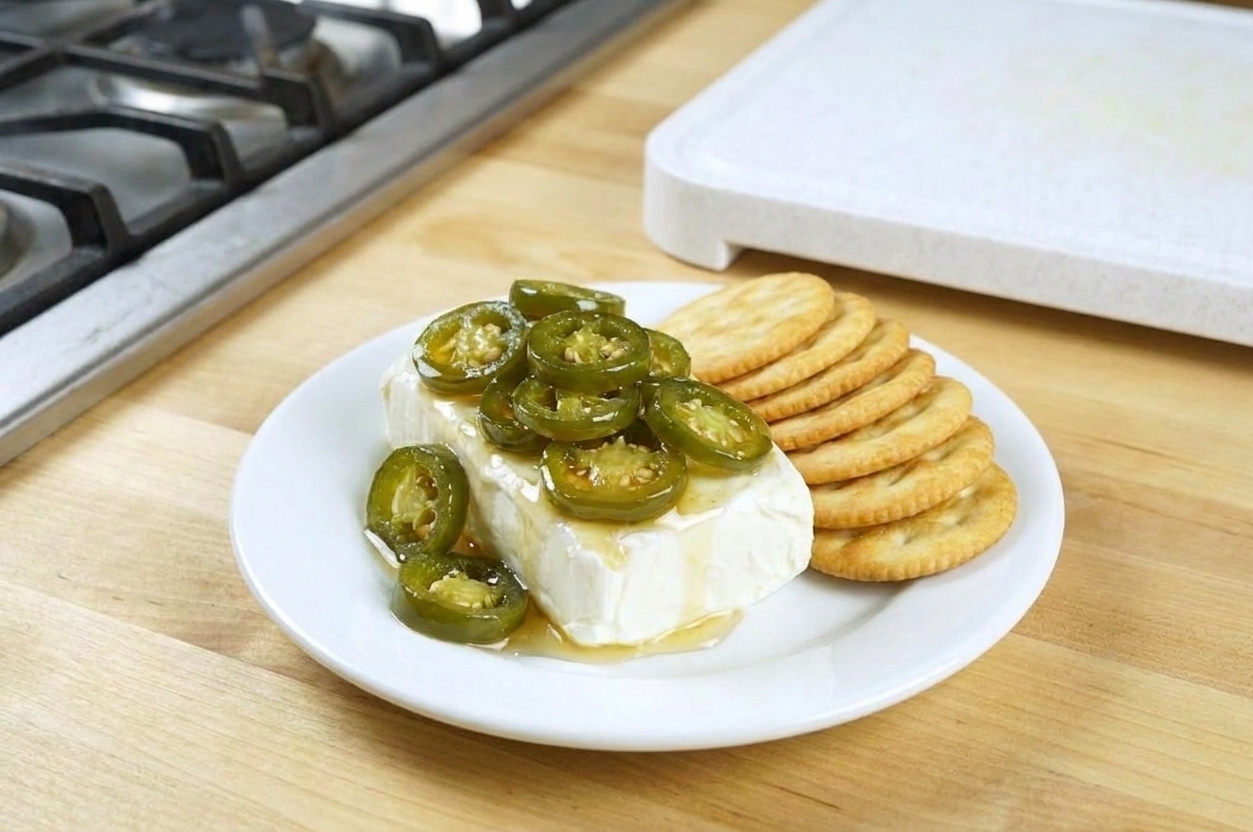 A small appetizer plate on a kitchen counter with cream cheese topped with candied jalapeño rings, crackers arranged beside it