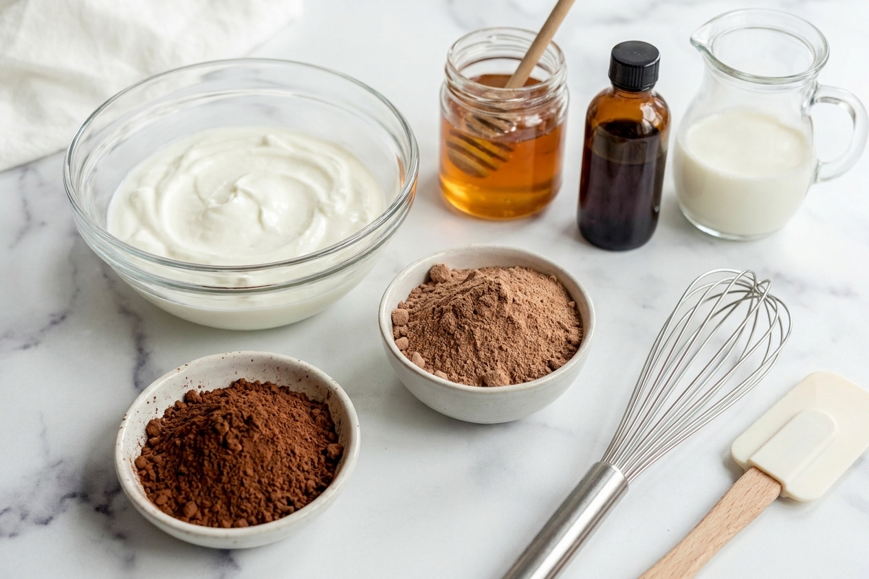 A small arrangement of Greek yogurt, cocoa powder, chocolate protein powder, honey, vanilla, and milk on a bright kitchen counter ready to mix