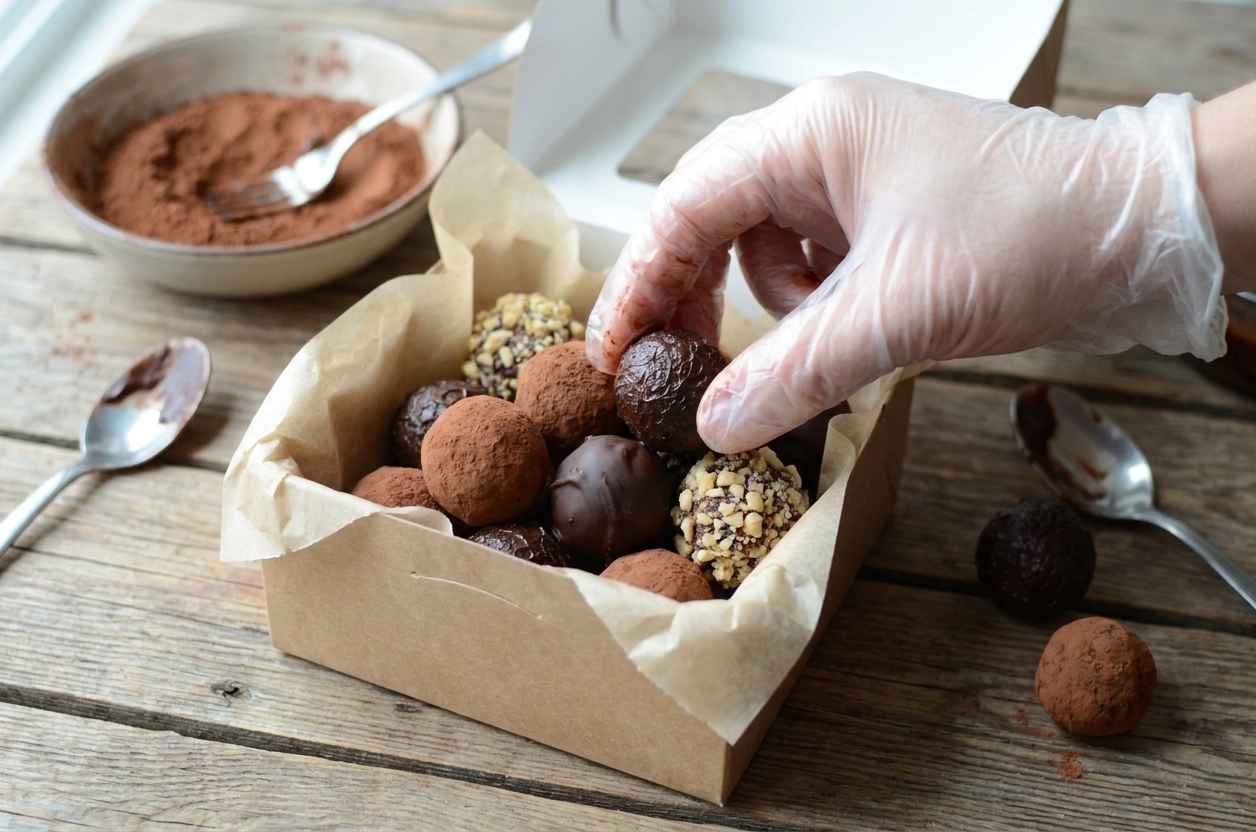 A small bakery-style gift box lined with parchment and filled with assorted coated chocolate truffles on a wooden table setting