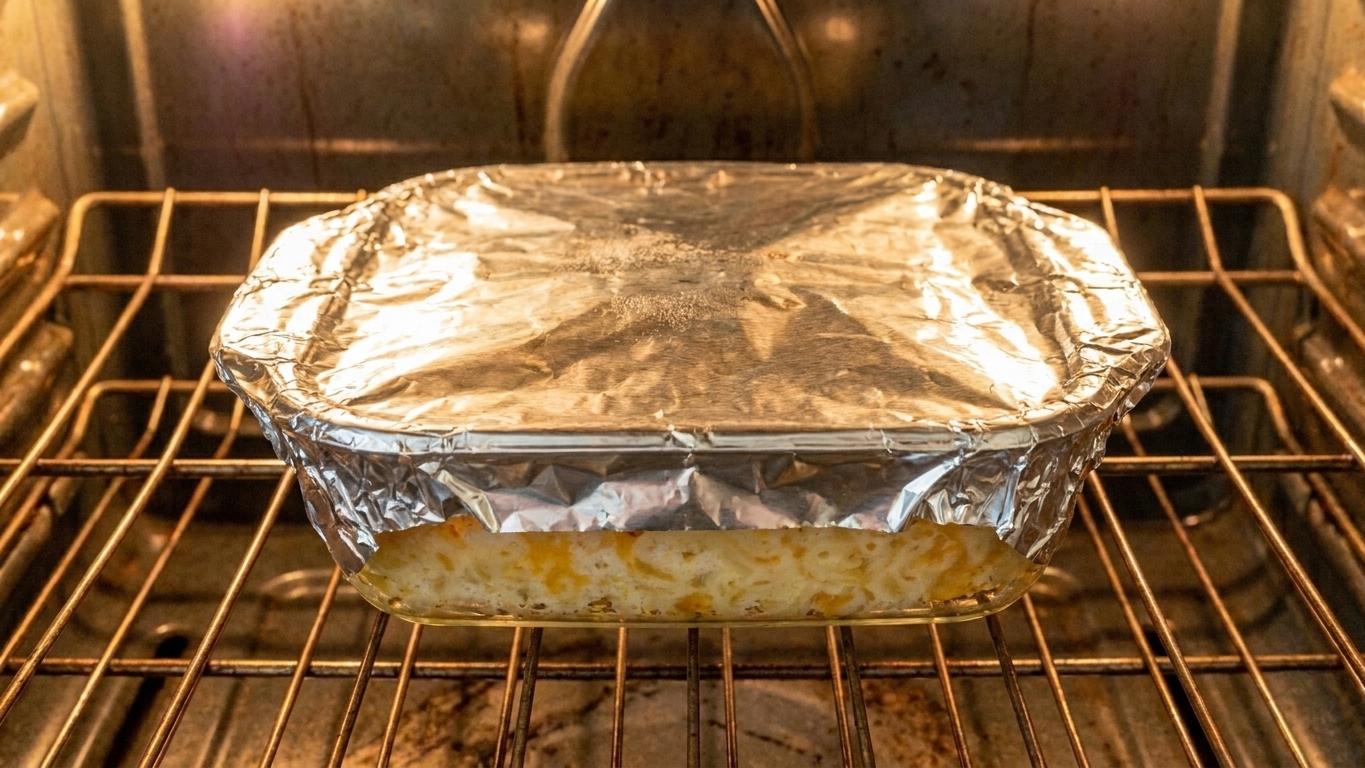 A small baking dish of leftover mac and cheese covered with foil on an oven rack, ready to reheat