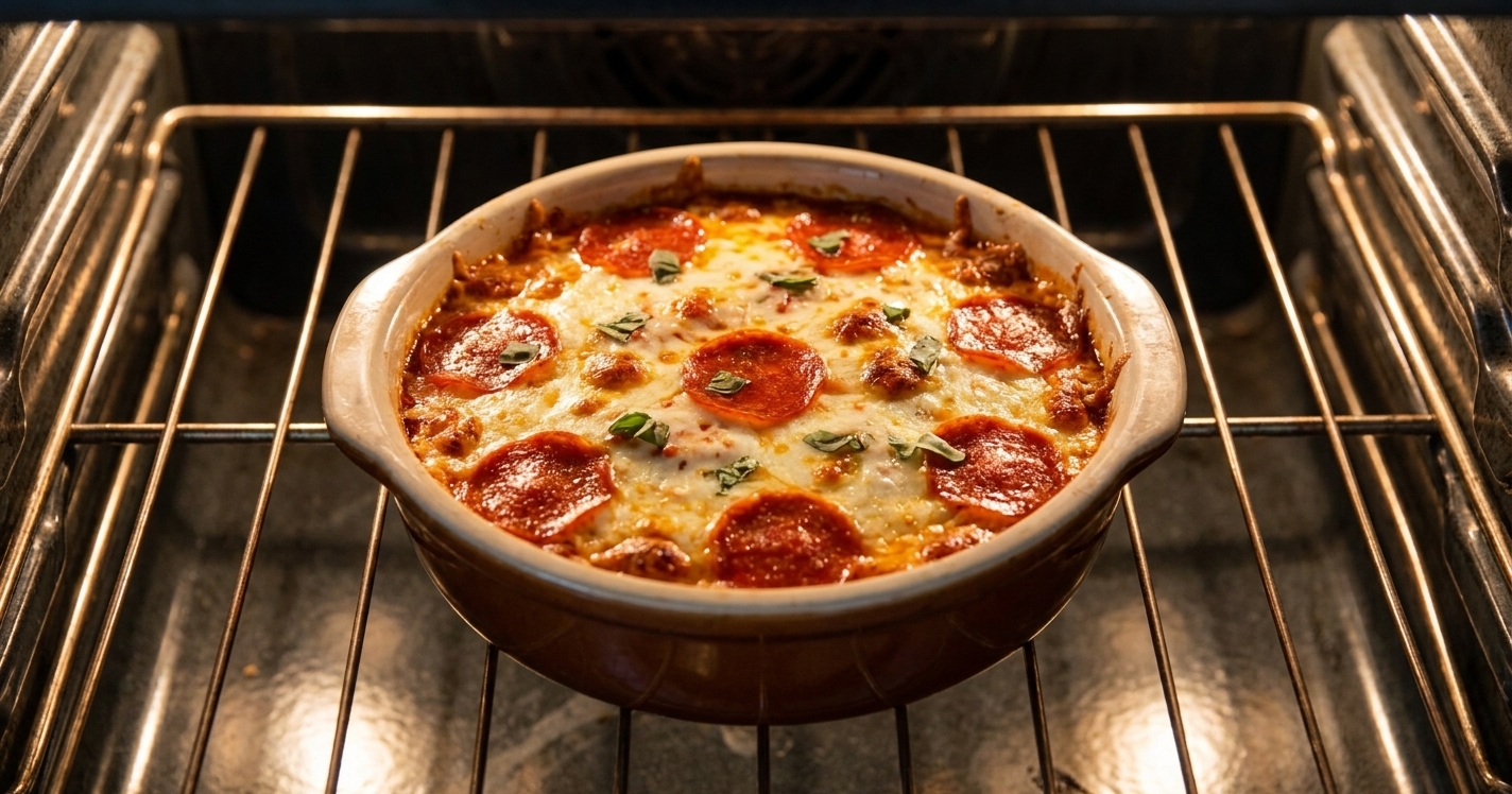 A small baking dish of pizza dip bubbling in the oven with melted mozzarella and pepperoni on top