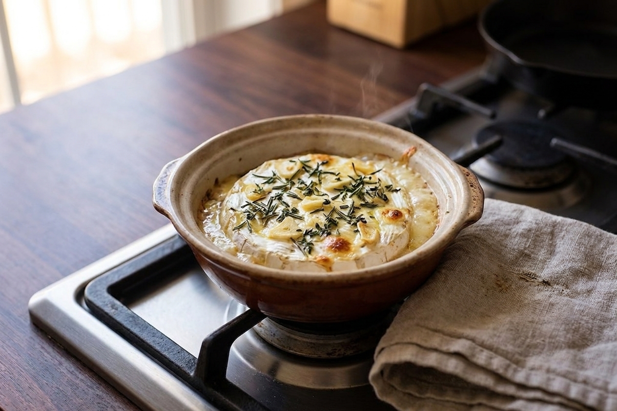 A small baking dish with a wheel of Brie just out of the oven, topped with herbs and garlic, sitting on a stovetop with a kitchen towel nearby