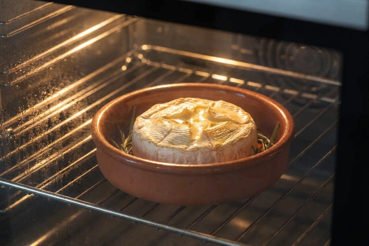 A small baking dish with brie inside an oven, the cheese slightly puffed and starting to soften