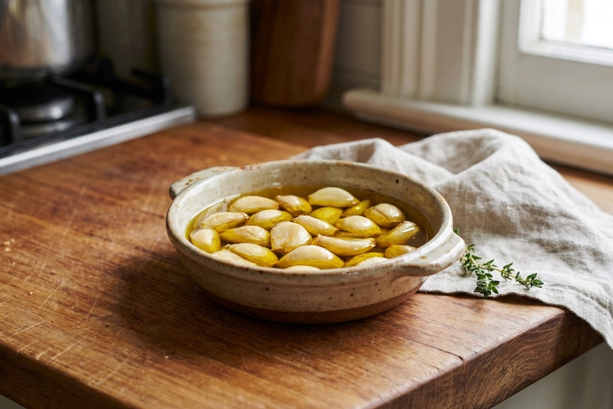 A small baking dish with whole garlic cloves fully submerged in olive oil, ready to go into the oven