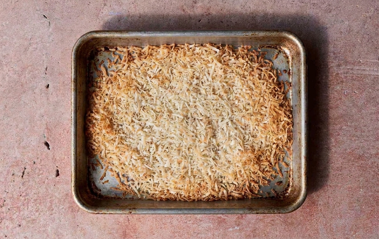 A small baking sheet with lightly toasted shredded coconut spread in an even layer, golden at the edges