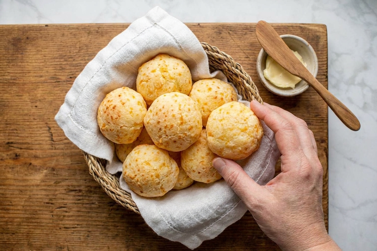 A small basket lined with a cloth napkin filled with warm pão de queijo on a wooden table setting