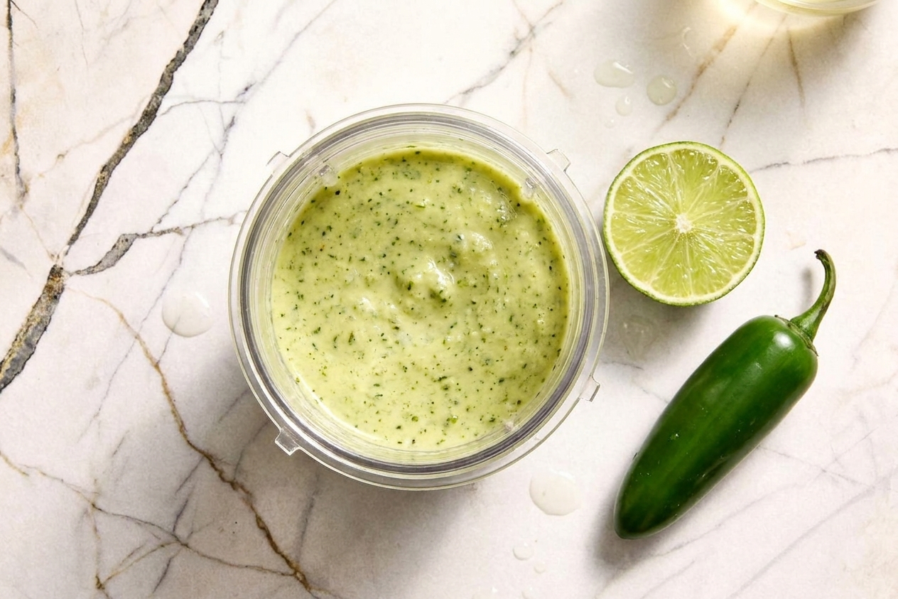 A small blender cup filled with pale green jalapeño lime sauce on a kitchen counter next to a halved lime and a jalapeño