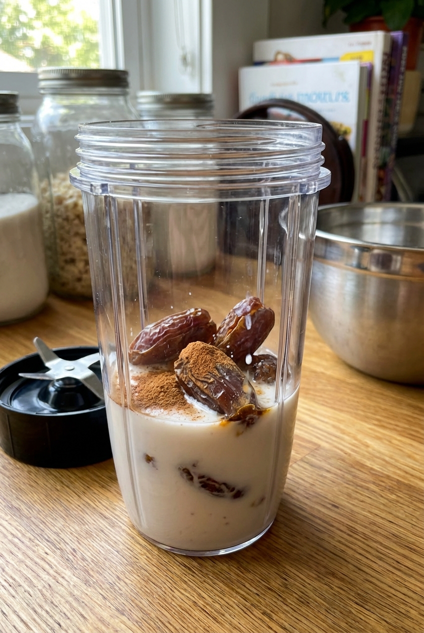 A small blender cup with almond milk, dates, cinnamon, and vanilla ready to be blended
