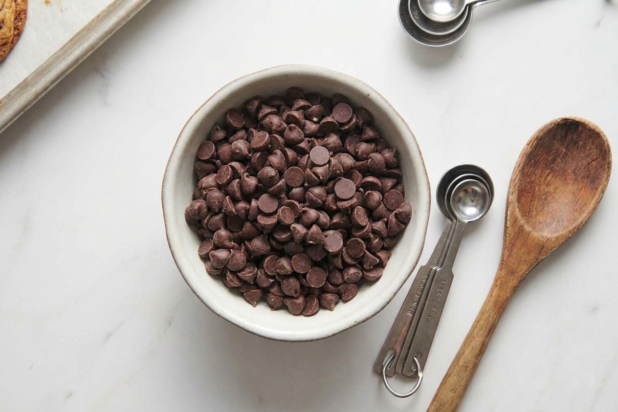 A small bowl filled with Ghirardelli semi-sweet chocolate chips on a kitchen counter next to measuring spoons and a wooden spoon