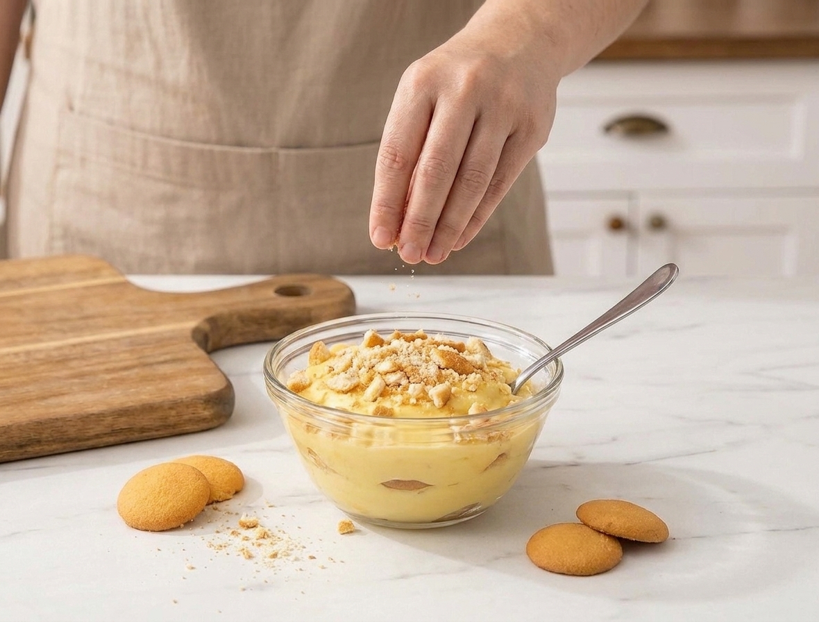 A small bowl filled with banana pudding topped with crushed vanilla wafers on a dessert table.