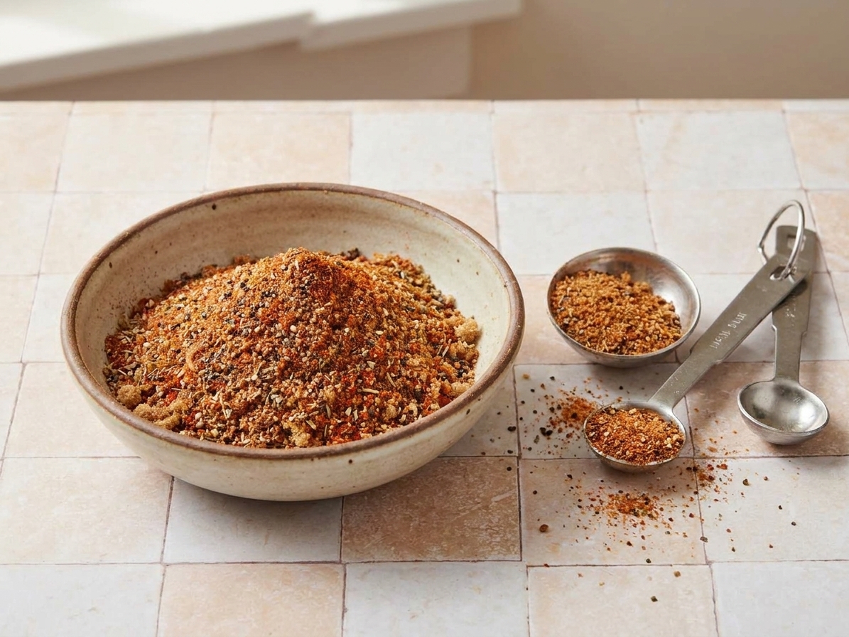 A small bowl filled with brisket dry rub spices beside measuring spoons on a kitchen counter