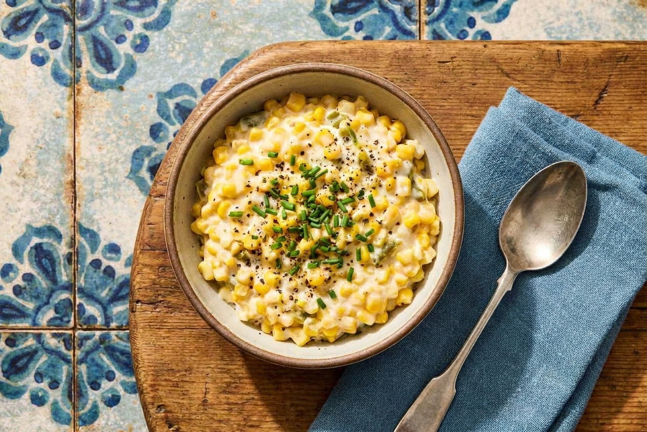A small bowl filled with creamy skillet corn topped with chopped chives, set on a dinner table with a napkin and spoon