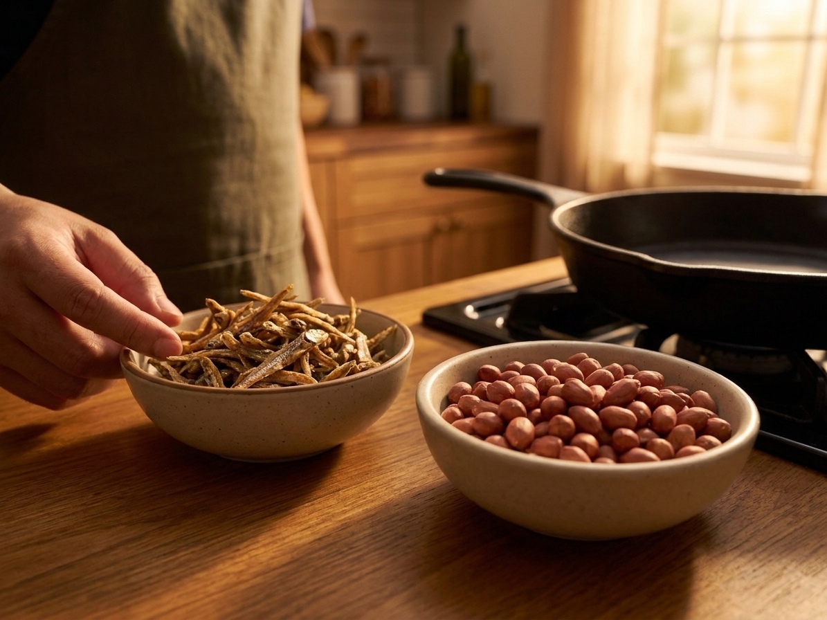 A small bowl filled with dried anchovies next to a bowl of raw peanuts on a kitchen counter, ready for frying
