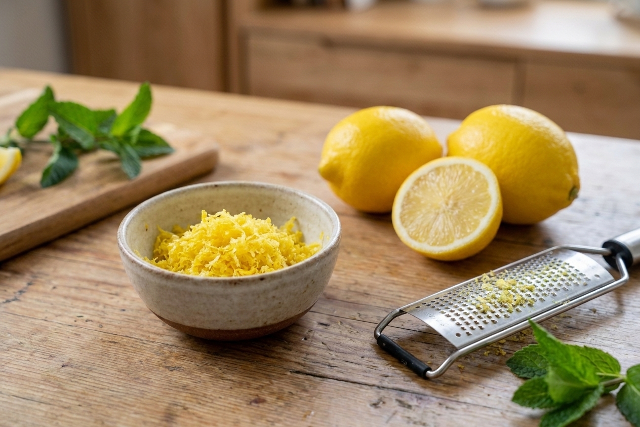 A small bowl filled with freshly grated lemon zest on a countertop next to whole lemons