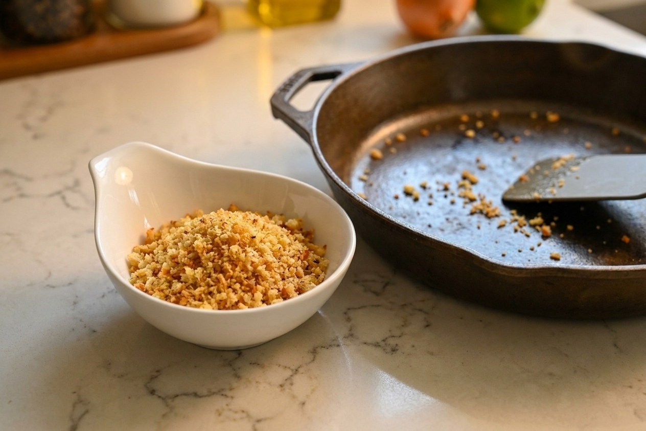 A small bowl filled with golden toasted garlic breadcrumbs resting on a kitchen counter next to a skillet, warm indoor lighting