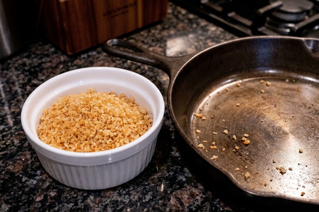 A small bowl filled with golden toasted panko breadcrumbs on a kitchen counter next to a skillet