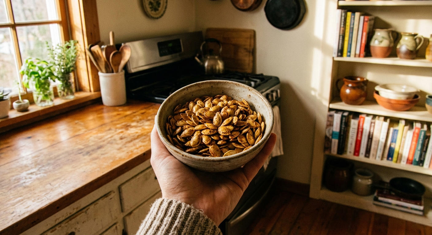 A small bowl filled with roasted pumpkin seeds held in one hand with a cozy kitchen background