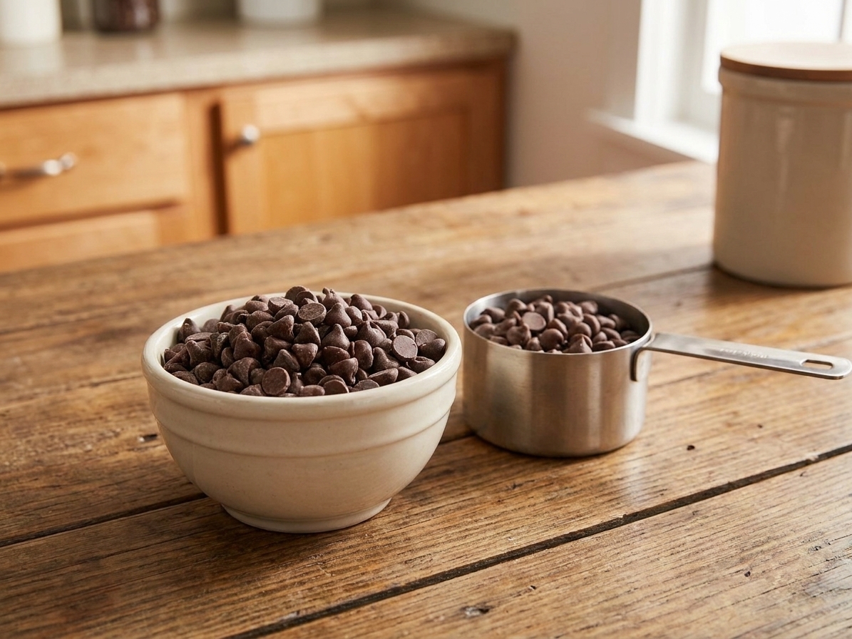 A small bowl filled with semi-sweet chocolate chips on a kitchen counter next to a measuring cup
