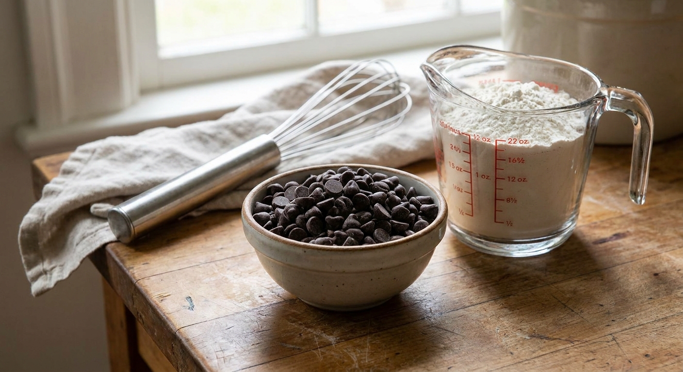 A small bowl filled with semi-sweet chocolate morsels on a kitchen counter next to a measuring cup of flour