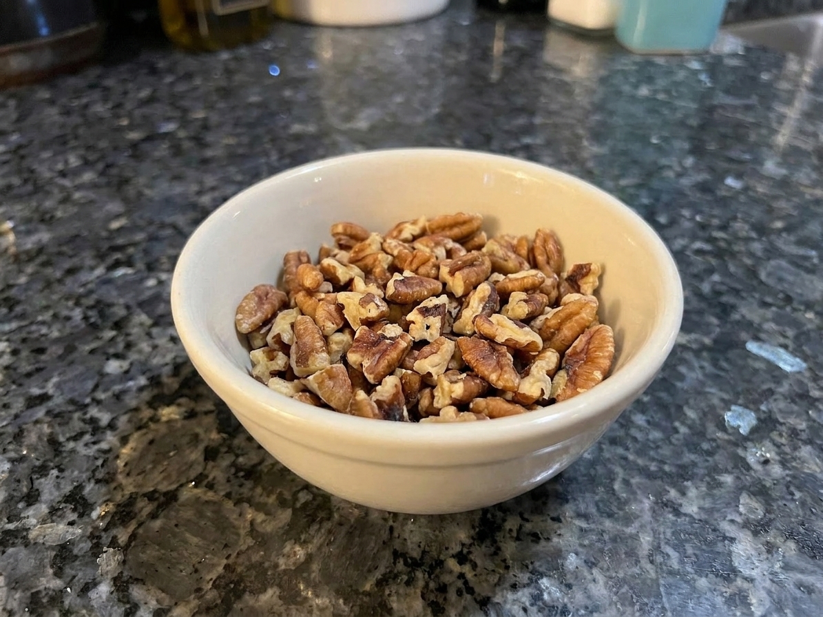 A small bowl filled with toasted, chopped pecans on a light kitchen counter