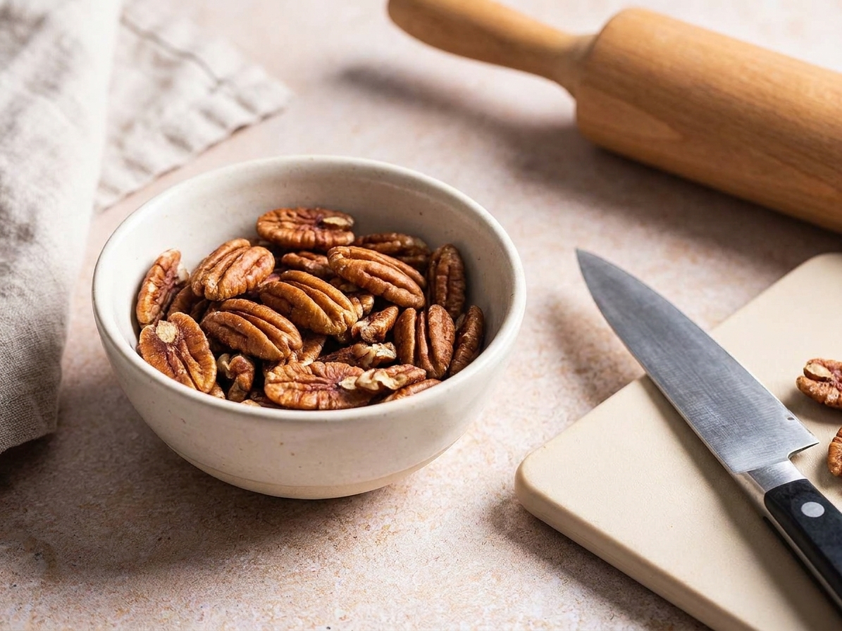 A small bowl filled with toasted pecans, cooled and ready to chop on a kitchen counter