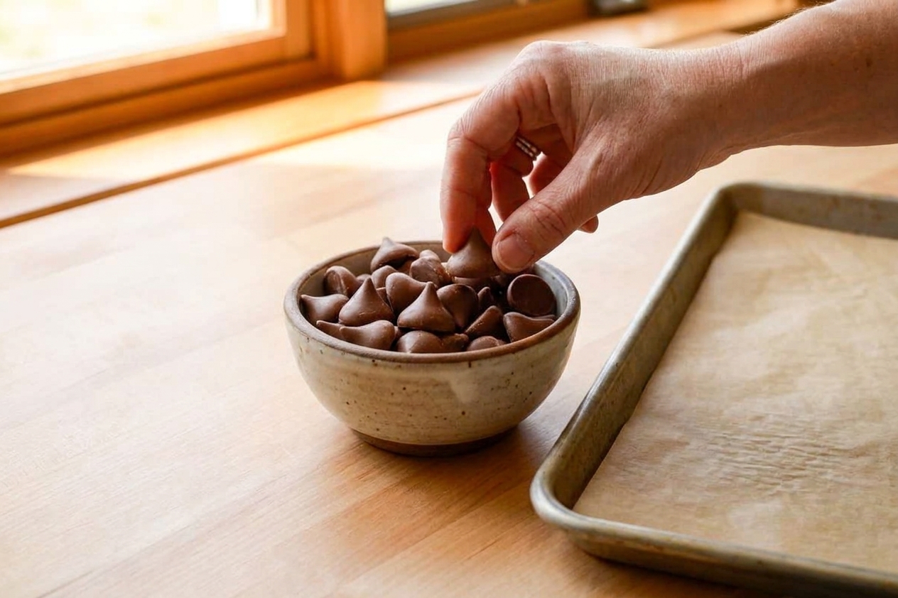 A small bowl filled with unwrapped chocolate kiss candies on a kitchen counter beside parchment paper