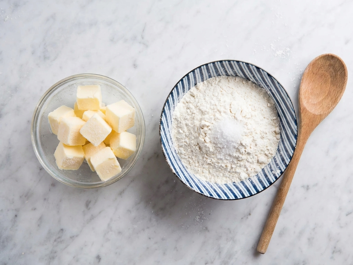 A small bowl filled with very cold cubes of butter next to a larger bowl of flour and salt on a tidy kitchen counter