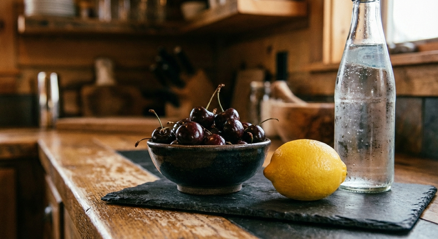 A small bowl holding dark sweet cherries and a lemon on a kitchen counter next to a bottle of sparkling water