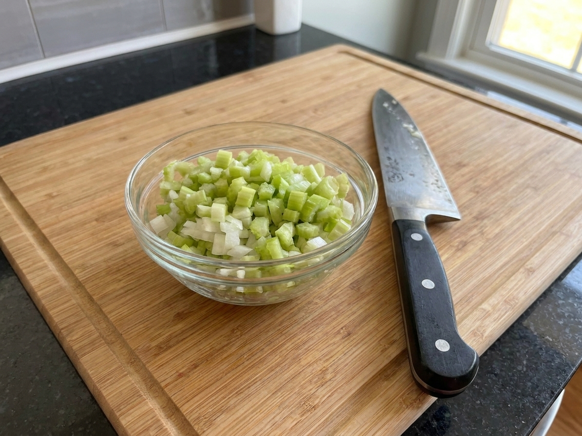 A small bowl holding finely diced celery and onion on a cutting board beside a chef’s knife