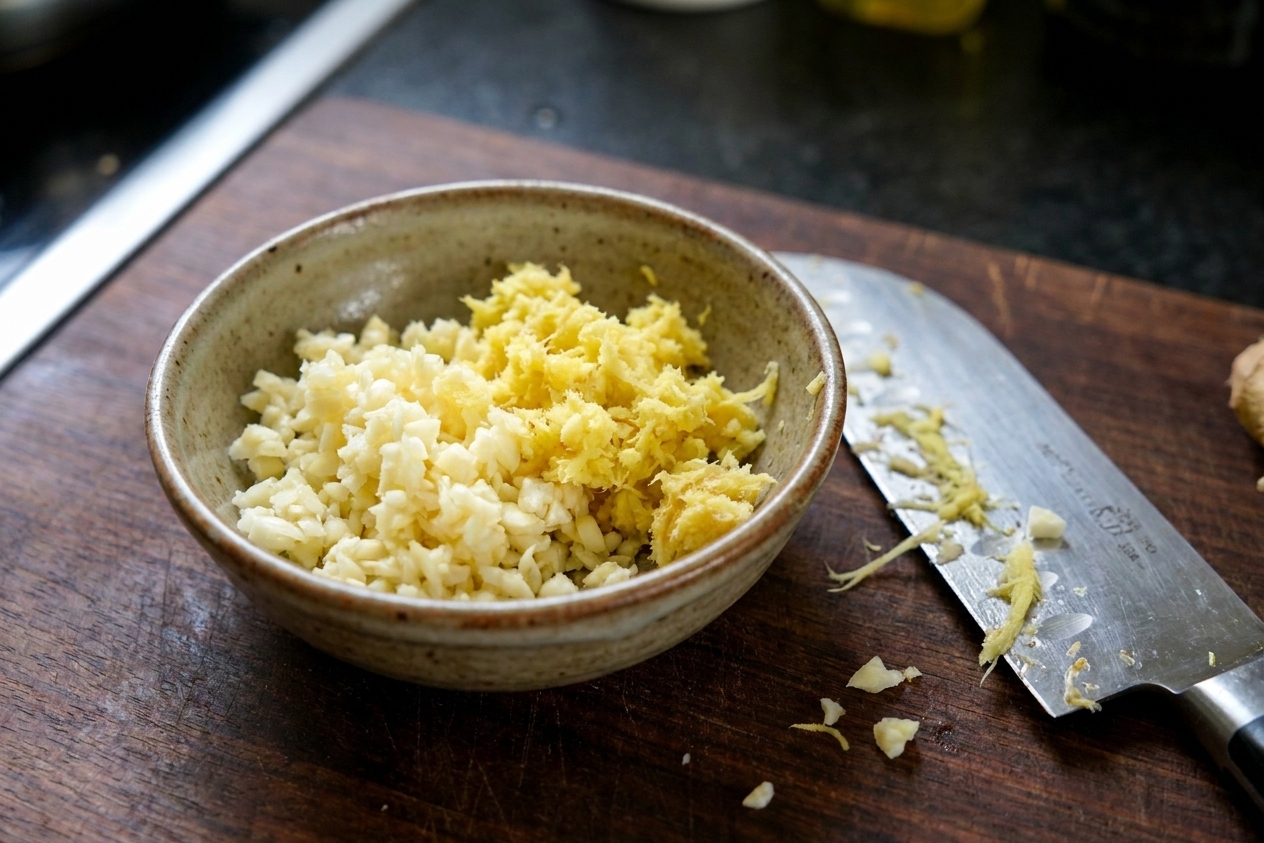A small bowl holding minced garlic and grated ginger on a wooden cutting board next to a chef's knife