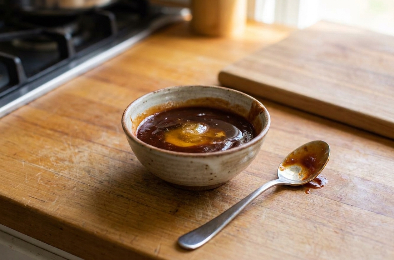 A small bowl of BBQ sauce mixed with apple cider vinegar and honey on a kitchen counter with a spoon resting beside it