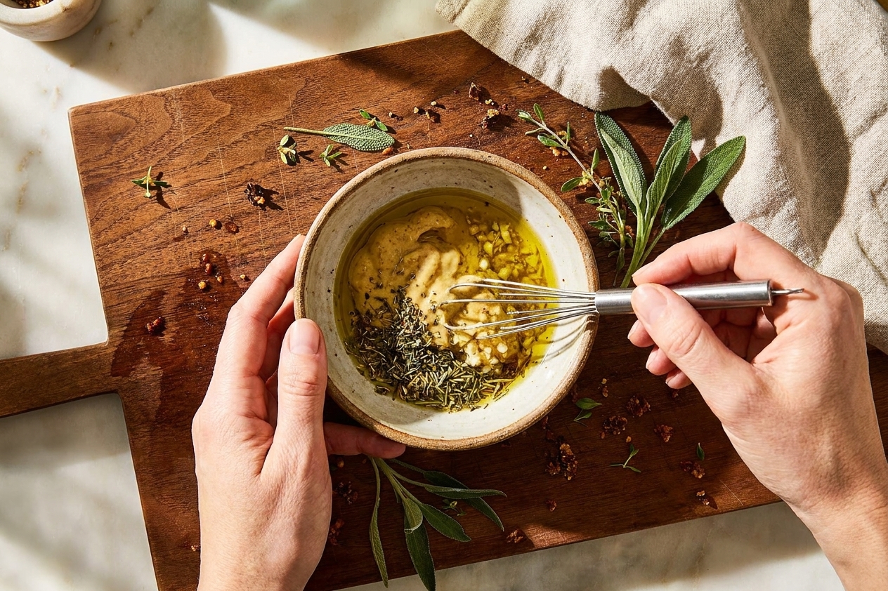 A small bowl of Dijon, olive oil, minced garlic, and spices being stirred together