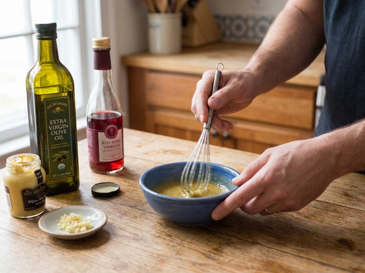 A small bowl of Dijon vinaigrette being whisked on a kitchen counter with olive oil, vinegar, mustard, and minced garlic nearby