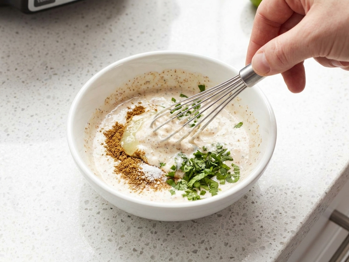 A small bowl of Greek yogurt being whisked with lime juice, cumin, salt, and chopped cilantro on a kitchen counter