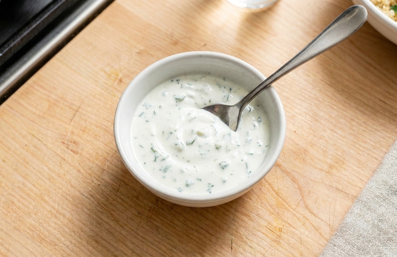 A small bowl of Greek yogurt herb sauce with visible chopped dill and a spoon resting on a wooden cutting board