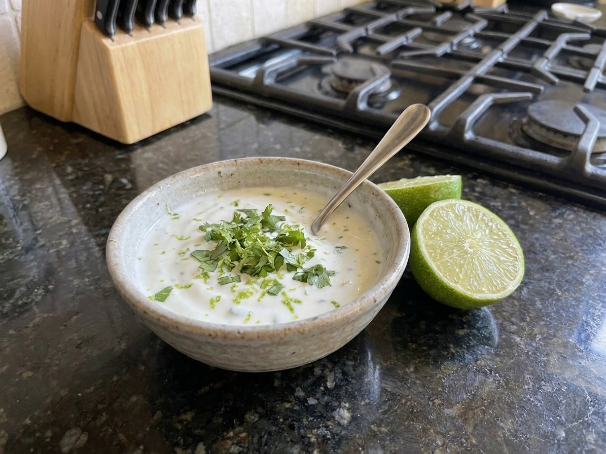 A small bowl of Greek yogurt lime sauce with chopped cilantro and a spoon on a kitchen counter next to a halved lime